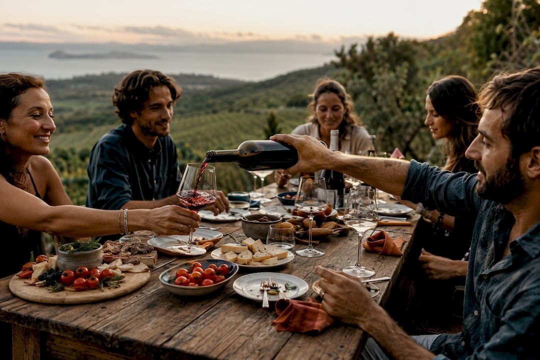 Friends pouring wine and sharing food outdoors