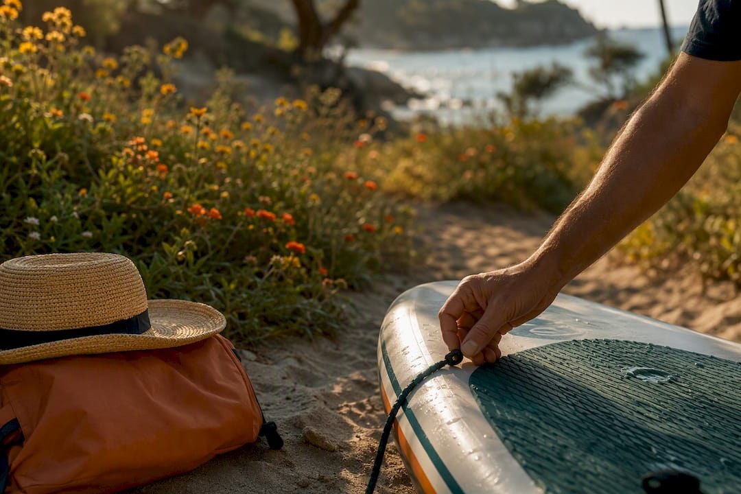Hand reaching for a flask beside a coastal path