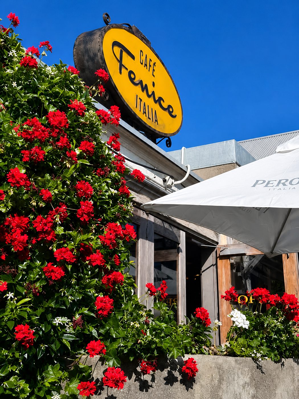Cafe Fenice with red geraniums in Oneroa