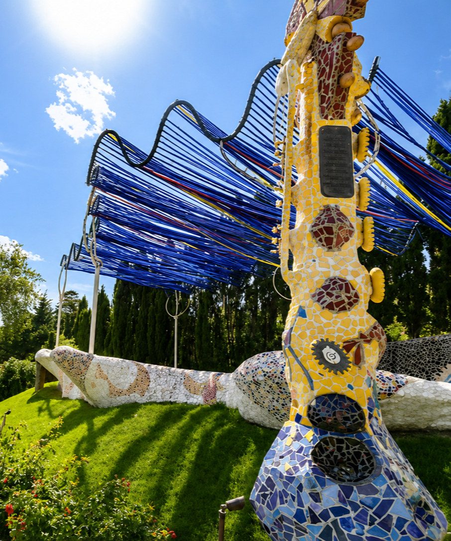 Colourful mosaic artwork in a vineyard garden