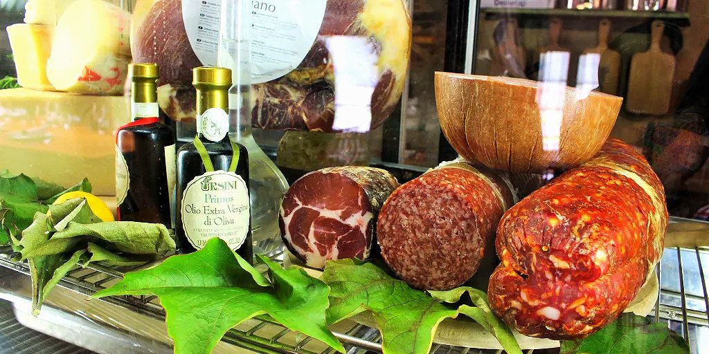 Italian salumi, cheese and olive oil display