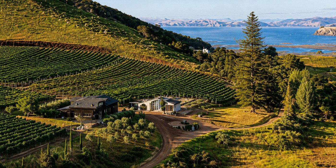 Waiheke Island vineyards above the Hauraki Gulf